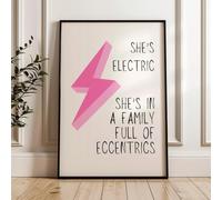Lmovutcom She's Electric Typographie murale avec éclair rose, paroles de chanson sur toile, affiche de décoration d'intérieur, accessoires de décoration de chambre féminine, sans cadre