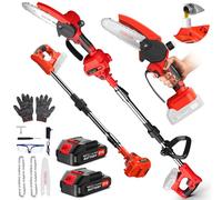 Lmozim 2-en-1 8 Pouces Elagueuse sur Perche Telescopique sans Fil Mini Tronconneuse Electrique a Batterie 4000mah avec Tête Inclinable pour Tailler des Branches Hautes pour le Jardin,la Cour - Rouge