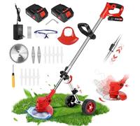 Lmozim Débroussailleuse à Batterie Debroussailleuse Électrique sans Fil Coupe Bordure avec Roues Réglable 2 * 2.0Ah Batteries 3 Type de Lames Poignée Télescopique Coupe-Herbe pour Jardin Court Gazon