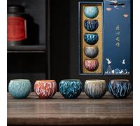 LMPN Kiln Change Ensemble de 5 tasses en céramique à 5 éléments, tasse à thé Kung Fu chinoise et japonaise faite à la main en forme d'œuf de dragon, ensemble de 5 pièces cadeau pour invités