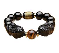 LMRJHAZ Bracelet d'obsidien Noir, Richesse Double obsidien Jaune Tiger Eye Ward-Off Evil Spirits, Double Pixiu, 16 mm