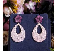 LMRJHAZ Micro Pave Rouge Rose cubique zircone Longue Grande Rose Fleur de Rose Boucles d'oreilles de Mariage pour Femmes Bijoux de fête