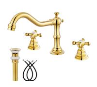 LMRJHAZ Robinet d'évier de salle de bain répandu en or avec doubles boutons transversaux à 3 trous mélange du pont de pont de conception de conception pop-up drain inclus