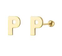 LMRJHAZM 18g Tiny Boucles de goujon initiales pour femmes filles 925 argent sterling 14k plaqués or hypoallergénique mignon petit alphabet lettre cartilage tragus 3 mm bille à billes perçage oreille