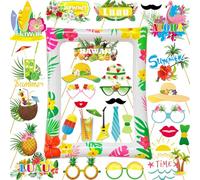 LMSHOWOWO 29 Pièces Accessoire de Photobooth Hawaii Kit, Hawaï Photo Booth Cadre Gonflable Tropical Thème, Accessoires de Photomaton Aloha Flamingo, pour Luau Summer Plage Piscine Party Décoration