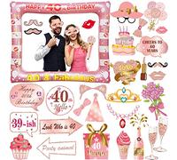 LMSHOWOWO 30 Pièces Accessoires de Photobooth Anniversaire 40Ans, Haute Qualité Accessoires de Photomaton, Or Rose Cadre Photocall Gonflable, Selfie Props, pour Femmes Filles Fêtes Décoration