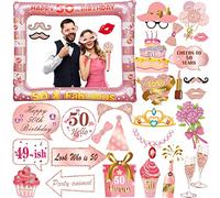 LMSHOWOWO 30 Pièces Accessoires de Photobooth Anniversaire 50Ans, Haute Qualité Accessoires de Photomaton, Or Rose Cadre Photocall Gonflable, Selfie Props, pour Femmes Filles Fêtes Décoration