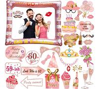 LMSHOWOWO 30 Pièces Accessoires de Photobooth Anniversaire 60Ans, Haute Qualité Accessoires de Photomaton, Or Rose Cadre Photocall Gonflable, Selfie Props, pour Femmes Filles Fêtes Décoration