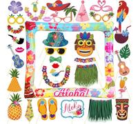 LMSHOWOWO 36 PCS Accessoire de Photobooth Hawaii Kit, Hawaï Photo Booth Cadre Gonflable Tropical Thème, Accessoires de Photomaton Aloha Flamingo, pour Hawaii Luau Summer Plage Piscine Party Décoration