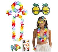LMSHOWOWO 7PCS Collier de Fleurs Hawaienne, Tropical Hawaien Lei avec Bracelets Bandeaux Ananas Lunettes de Soleil, Hawaiian Fleurs Guirlande, pour Costume Hawaïen Décoration de Fête Hawaïenne