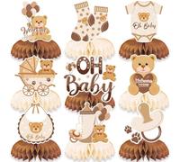 LMSHOWOWO Lot de 9 décorations de fête prénatale - Motif ours en peluche - Neutre - Beige - En nid d'abeille - Décoration de table pour garçons et filles - Annonciation de sexe - Accessoire de fête
