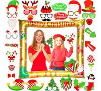 LMSHOWOWO Or Cadre Photo de Noël, avec 32 PCS Fête de Noël Photo Booth Props, Cadre Gonflable Photobooth Noel, Accessoires Photobooth, pour DIY Christmas Party Decoration, Nouvel an