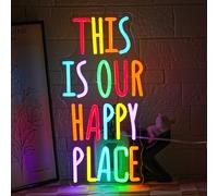 LMSIGNLY Ceci est notre lieu heureux signe néon pour décoration murale lettres colorées néon lumière mots motivants néon lumière LED néon lumière pour salle de classe salon maison décoration