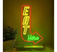 LMSIGNLY Panneau néon "Eat Here" pour décoration murale - Lumière néon de cuisine - Signes néon LED colorés - Flèches néon LED pour décoration de cuisine de restaurant, de salon