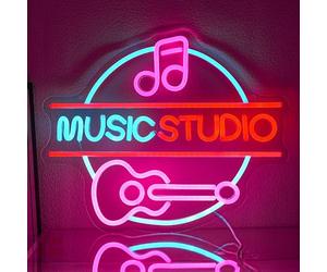LMSIGNLY Panneau Néon LED à Intensité Variable - Décoration Murale pour Studio de Musique avec Guitare et Notes en Rose - Live Concert