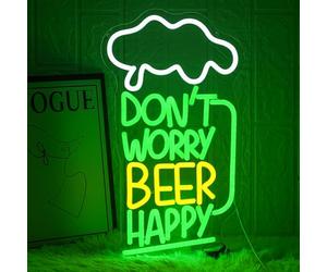 LMSIGNLY Panneau néon LED "Don't Worry Beer Happy" pour décoration murale - Néons pour bar - Néons LED pour bière - Néons LED en forme de nuage blanc - Alimentation par USB - Lettres néons pour cave à