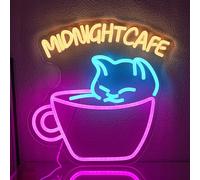 LMSIGNLY - Signe Néon Café de Minuit pour Décoration Murale - Chat Mignon Lumière Néon Dimmable - Signe Néon Rose Tasse de Café LED - Signe Lumineux pour Cafétéria Boulangerie Magasin de Desserts Bar