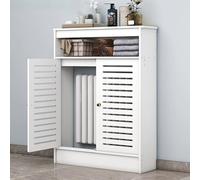 LMTYBOC Armoire de salle de bain blanche avec portes à persiennes, cache-radiateur décoratif et grand routeur WiFi, design à lattes verticales (99,8 x 99,8 x 19,8 cm)