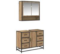 LMTYOENFG Ensemble de meubles de salle de bain 2 pièces en chêne Artisan | Combinaison d'une armoire à miroir et d'un meuble sous lavabo pour la salle de bain avec des accents métalliques noirs et un