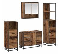 LMTYOENFG Ensemble de meubles de salle de bain 4 pièces aspect bois vieilli | Ensemble de meubles de salle de bain quatre pièces avec armoire à miroir, sous-lavabo et deux armoires hautes.