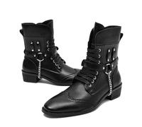 LMUIPMAA Bottes De Combat Moto pour Hommes À Bout Ailé avec Sangle Chaîne | Bottes Hauteur Cheville À Fermeture Éclair, Lacets Bout Rond Style Punk Pour Randonnée, Équitation, W nd