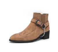 LMUIPMAA Bottes de Cow-Boy à Bout Pointu pour Hommes Bottes de Moto à Hauteur de Cheville de Style Western avec Boucle de Ceinture et chaîne en métal,Kaki,45 EU