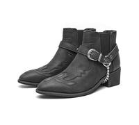 LMUIPMAA Bottes de Cow-Boy à Bout Pointu pour Hommes Bottes de Moto à Hauteur de Cheville de Style Western avec Boucle de Ceinture et chaîne en métal,Noir,46 EU