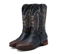 LMUIPMAA Bottes De Cowboy Brodées pour Hommes avec Ceinture, Talon Bas Carré Bottes Western Mi-Mollet pour L'équitation,Bleu,38 EU