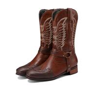 LMUIPMAA Bottes De Cowboy Brodées pour Hommes avec Ceinture, Talon Bas Carré Bottes Western Mi-Mollet pour L'équitation,Marron,41 EU