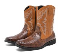 LMUIPMAA Bottes De Cowboy pour Homme - Bottes Western À Bout Carré avec Fermeture Éclair en Cuir Synthétique,Marron,45 EU