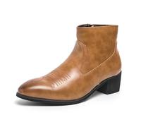 LMUIPMAA Bottes de Cuir De Western pour Homme Bout Pointu Bloc Talons Bottes Courtes avec Fermeture Éclair,Jaune,41 EU