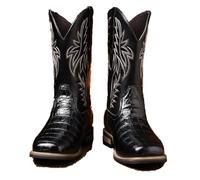 LMUIPMAA Bottines De Cow-Boy pour Hommes en Imprimé Croco Synthétique, Bout Carré Bottes Western Brodées À Enfiler pour Le Travail,Noir,47 EU