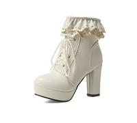 LMUIPMAA Chaussures Lolita Fête pour Femmes Talons Hauts Épais Bottines À Lacets en PU Fermeture Eclair Bottes Courtes À Plateforme,Blanc,43 EU
