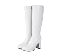 LMUIPMAA Femmes Mode Genoux Bottes Cuir Verni Cuir Talon Bloc Bottes Longues Fermeture Éclairper Fête Danse Chaussures,Blanc,36 EU