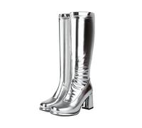 LMUIPMAA Femmes Mode Genoux Bottes Cuir Verni Cuir Talon Bloc Bottes Longues Fermeture Éclairper Fête Danse Chaussures,Argent,43 EU