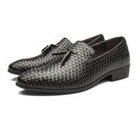 LMUIPMAA Hommes Faux Cuir Chaussures Habillées Bout Pointu Toit Bas Glisser sur Mocassins à Pampilles,Noir,46 EU