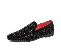LMUIPMAA Smoking Pantoufle Hommes Slip on Suede Tuxedo Chaussures Strass Clouté Bout Pointu Mocassin,Noir,42 EU