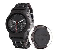 LMWOOD Montre décontractée pour homme en bois d'ébène gravé, montre chronographe à quartz analogique, bracelet en bois et acier inoxydable, montre personnalisée pour homme