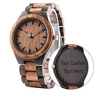 LMWOOD Montre en Bois gravée pour Homme, Montre personnalisée pour Anniversaire avec Gravure pour Mari, Petit ami, père, Fils, Mouvement à Quartz Japonais en Bois Naturel, Aiguilles Lumineuses