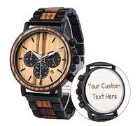 LMWOOD Montre en bois personnalisée pour homme - Montre en bois gravée - Montre analogique à quartz japonaise avec bracelet en bois, Alliage d'ébène-45B