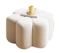 LMXRYPD Pouf Ottoman en Sherpa, Petit Tabouret de Coiffeuse avec Cadre en Bois Massif, Repose-Pieds Décor Fleur pour Chambre, Entrée et Salon(White)