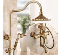 LMXRYPD Système de Douche en Laiton Antique, Système de Douche à 3 Fonctions avec Tuyau Apparent, Douchette Supérieure de 21 cm, Douchette à Main et Robinet Rotatif(A4)