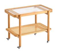 LMXRYPD Table D'Appoint Mobile en Bambou, Tables D'Appoint à 2 Niveaux, avec Plateau en Verre, avec Support de Rangement en Résine et Rotin, pour Chambre à Coucher