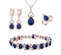 LMXXVJ Parure de bijoux pour femme avec collier, bague ouverte, bracelet, cadeau d'anniversaire, fête des mères, cadeau pour maman, épouse, sœur, meilleure amie, Plaqué or rose, Saphir bleu - Zircon