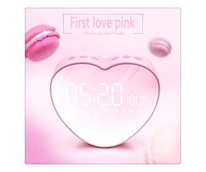 Lmy0624 Réveil Multifonctions en Forme De Coeur LED Miroir en Verre Haut-Parleur Bluetooth Double Affichage Numérique Radio-Réveil