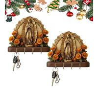 Lmyaicp Porte-clés mural Notre-Dame de Guadalupe, représentation plate 2D de la Vierge Marie, style champêtre, avec 4 crochets métalliques, porte-clés en bois pour entrée et décoration intérieure (2)