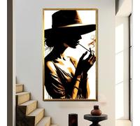 LMYCHENG Élégante silhouette dorée et noire d'une femme avec porte-cigarette - Affiche murale - Décoration moderne sur toile (40x60cm/cadre intérieur)