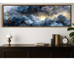 LMYCHENG Peinture à l'huile sur toile bleu nuit et or, impression abstraite sur toile, œuvre d'art murale panoramique de luxe pour la décoration du salon (45 x 135 cm/sans cadre)