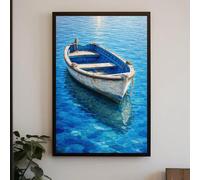 LMYCHENG Tableau abstrait sur toile représentant un bateau bleu : Décoration murale méditerranéenne pour le salon, peinture décorative pour la maison (50 x 75 cm/cadre intérieur)