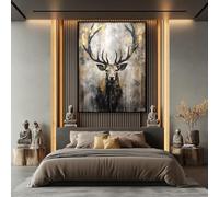 LMYCHENG Tableau abstrait texturé représentant un cerf doré dans une forêt grise et brumeuse : peinture acrylique pour salon, affiche décorative murale (50 x 75 cm/cadre intérieur)